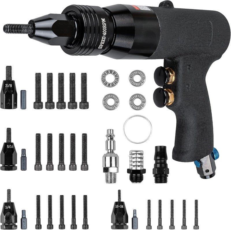 Clatoon Pneumatic Rivet Nut Gun with 10-24 & 1/4 & 5/16 & 3/8 Self-Locking Head, Adjustable Speed Air Rivet Gun, Air Rivet Nut Tool Kit with 4 Size Quick-Change, 6pcs Mandrels Included with Each Size - Image 1